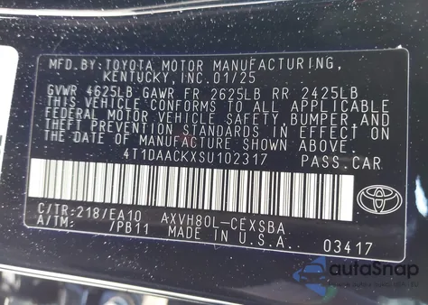 2025 Toyota Camry Se from USA, damaged, VIN 4T1DAACKXSU102317